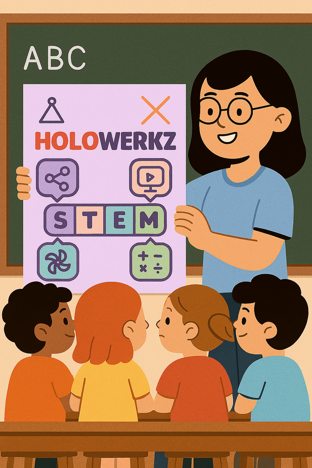 Cartoon-style classroom scene showing a teacher holding a HOLOWERKZ STEM poster while four children sit at a school table and look up at a large blackboard with an ABC chart in the background.