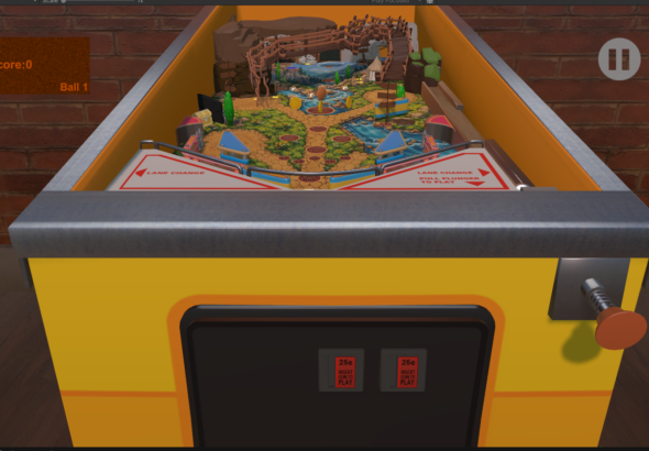 Boulder Falls pinball table featuring mining‑themed ramps, crystal targets, cave bumpers, and a rugged mountain backdrop.