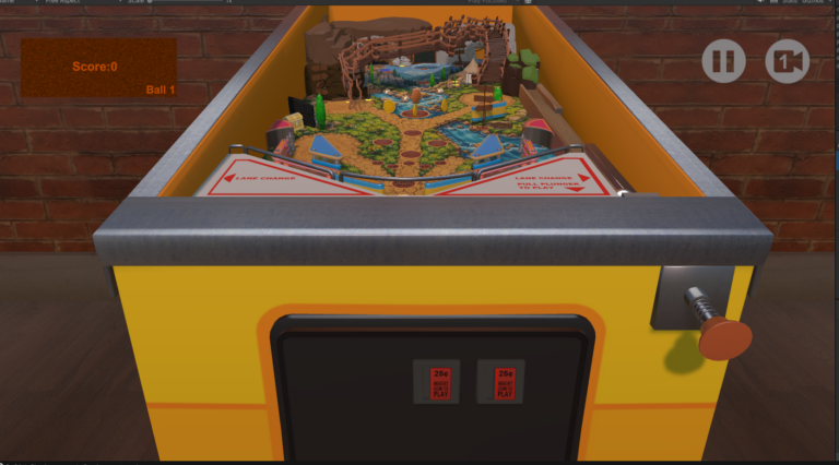 Boulder Falls pinball table featuring mining‑themed ramps, crystal targets, cave bumpers, and a rugged mountain backdrop.