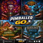 Pinballer Go promotional image showing four pinball themes: Day of the Dead, Octopus Island, Farmer’s Barnyard, and Boulder Falls.
