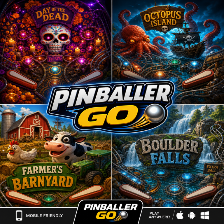 Pinballer Go promotional image showing four pinball themes: Day of the Dead, Octopus Island, Farmer’s Barnyard, and Boulder Falls.